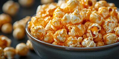 Freshly made caramel popcorn in a black bowl set against a dark background during a cozy movie night photo