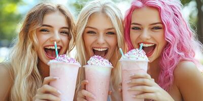 Friends enjoy colorful milkshakes in a sunny park during a cheerful summer afternoon photo