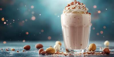 Creamy milkshake topped with whipped cream and crushed nuts on a table with a soft blue background photo