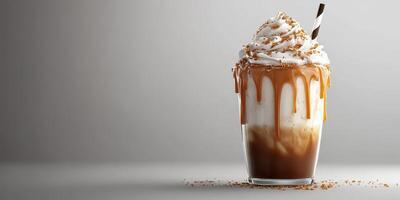 Rich caramel dessert beverage topped with whipped cream and caramel drizzle served in a glass photo