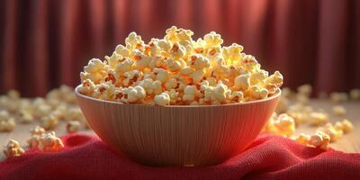 Bowl of freshly popped popcorn surrounded by scattered kernels on a warm red cloth in a cozy setting photo