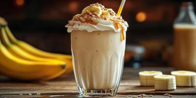 Delicious banana cream shake topped with whipped cream and caramel syrup garnished with fresh banana slices photo