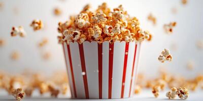 Freshly popped popcorn overflowing from a classic red and white striped container photo