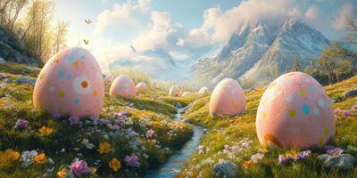 Colorful decorated eggs scattered in a vibrant meadow under a sunny sky near majestic mountains photo