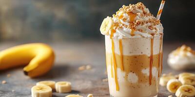 Delicious banana milkshake topped with whipped cream, caramel, and granola on a rustic table photo