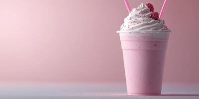 Delicious raspberry milkshake with whipped cream served in a plastic cup in a pastel-colored setting photo