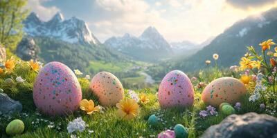 Colorful Easter eggs nestled in a vibrant meadow surrounded by mountains and blooming flowers during springtime photo