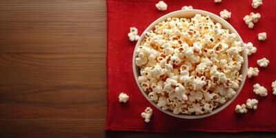 Bowl of freshly popped popcorn on a wooden table with a red cloth, ideal for movie nights or gatherings photo