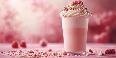 Freshly made raspberry milkshake topped with whipped cream and crunchy garnishes served in a glass photo