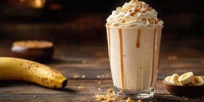Delicious banana milkshake topped with whipped cream and crushed cookies served with fresh banana on wooden table photo