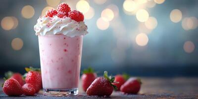 Strawberry milkshake topped with whipped cream and fresh raspberries in a cozy setting perfect for a summer treat photo