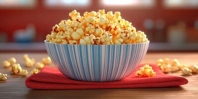 Freshly popped popcorn in a colorful bowl on a bright kitchen countertop at home during movie night photo