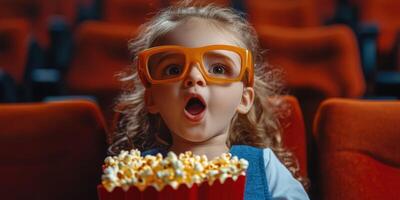 Excited child wearing oversized glasses enjoys a movie while holding a large popcorn container photo