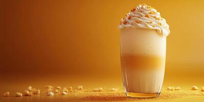 Creamy dessert beverage topped with whipped cream and caramel, surrounded by popcorn on a golden surface photo