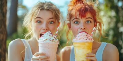 Friends enjoy colorful ice cream shakes together during a sunny afternoon in the park photo