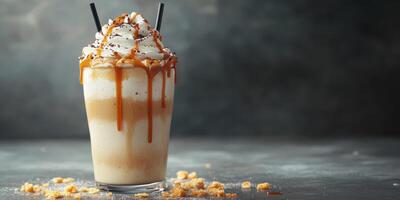Delicious caramel and whipped cream dessert drink is served in a tall glass with chocolate sprinkles and crunchy bits photo