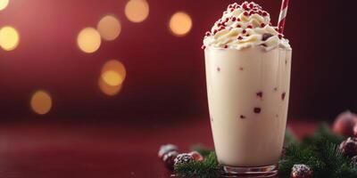 Festive holiday drink topped with whipped cream and red sprinkles on a cozy winter evening photo