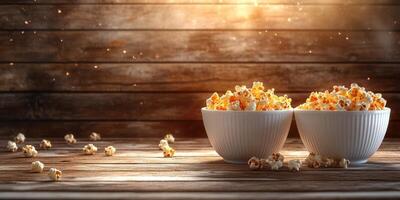 Bowls of freshly popped popcorn on a wooden table surrounded by scattered kernels in warm light photo