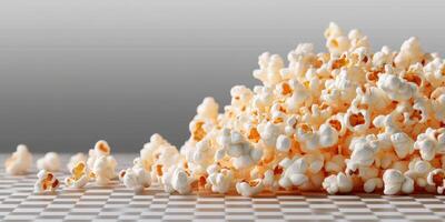 Popcorn scattered on a checkered surface with a soft gray background photo