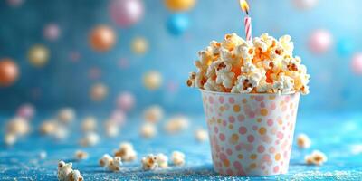 Celebrate with colorful popcorn in a festive cup at a party setting with playful decorations photo