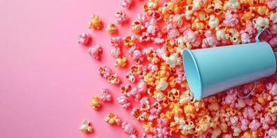 Colorful popcorn spills from a blue bucket onto a pink background in a vibrant display of snacks perfect for a movie night photo