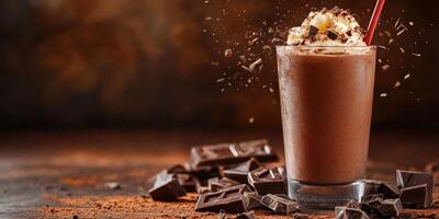 Decadent chocolate milkshake topped with whipped cream and chocolate shavings in a cozy setting photo