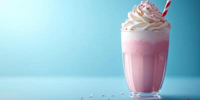 Delicious pink milkshake topped with whipped cream and a cherry in a clear glass on a blue background photo