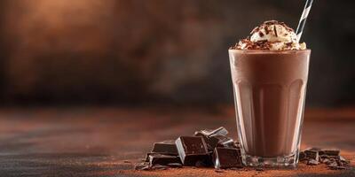 Rich chocolate beverage topped with whipped cream and chocolate shavings on dark background photo