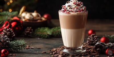 Holiday hot chocolate with whipped cream and festive toppings in a cozy setting photo