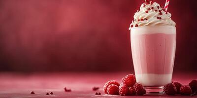 Raspberry milkshake topped with whipped cream and decorative sprinkles, displayed in a vibrant setting photo