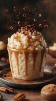 Delicious dessert featuring creamy rice pudding with caramel drizzle and toppings on a rustic tabletop photo