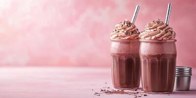 Delicious chocolate milkshakes topped with whipped cream and chocolate shavings on a light pink background photo