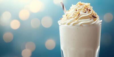 Creamy dessert drink topped with whipped cream and nuts against a soft blue bokeh background photo