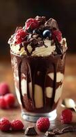 Chocolate dessert with layers of cream, chocolate sauce, and fresh berries presented on a wooden table photo