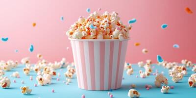 Colorful popcorn overflowing in striped container with playful sprinkles against a vibrant backdrop photo
