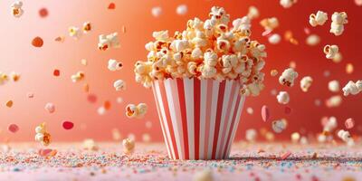 Colorful popcorn flies out of a striped bucket against a vibrant background during a festive celebration photo