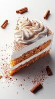 Delicious vanilla cake slice decorated with whipped cream and cinnamon on a white background photo