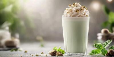Frosty mint drink topped with whipped cream and garnished with nuts displayed in a cozy setting photo