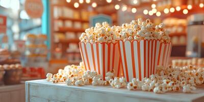 Popcorn displayed in a vibrant store with warm lights creating a cozy atmosphere photo