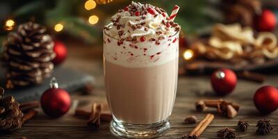 Festive holiday drink with whipped cream and toppings served on a wooden table with decorations and seasonal elements in the background photo