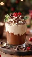 Decadent chocolate dessert topped with whipped cream, chocolate shavings, and fresh berries on a wooden table photo