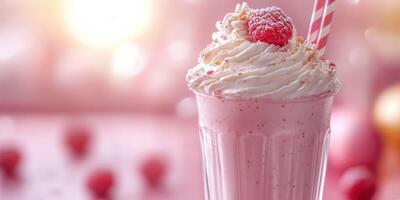 Delicious pink raspberry milkshake with whipped cream and a cherry on top in a glass photo