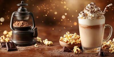 Delicious coffee beverage with popcorn and chocolate surrounded by warm ambiance photo