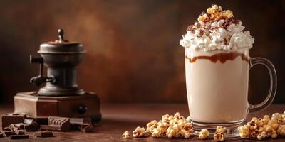 Delicious dessert beverage topped with whipped cream and popcorn served with chocolate on rustic wooden table photo