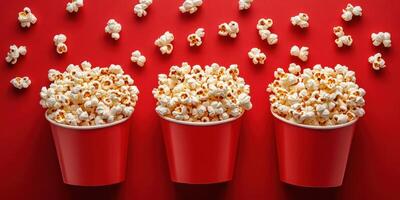 Three red cups overflowing with freshly popped popcorn against a vibrant red background create a festive atmosphere for movie night photo