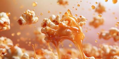 Caramel popcorn drizzled in rich syrup creates a delightful swirl of sweetness in a colorful background photo