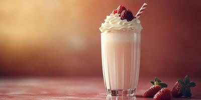 Delicious strawberry milkshake topped with whipped cream and fresh berries in a glass on a blurred background photo