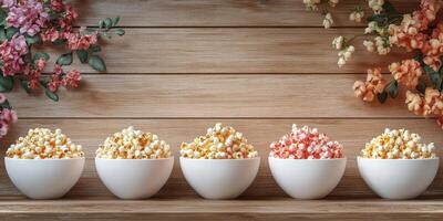 Colorful bowls of popcorn arranged with decorative flowers on a wooden shelf in a cozy setting photo