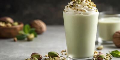 Refreshing pistachio smoothie topped with whipped cream and crushed nuts served in a glass photo