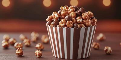 Delicious caramel and chocolate popcorn served in striped cup at a cozy movie night setting with warm lights photo